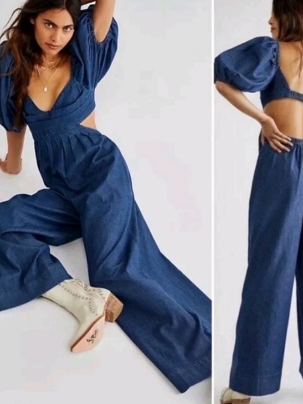 Free People Indigo Wide-Leg Denim Jumpsuit with Puff Sleeves - Picture 1 of 2